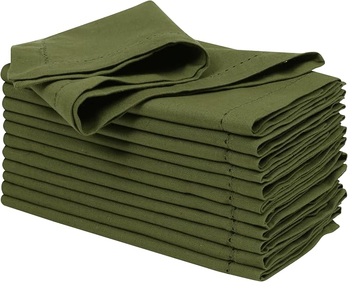 Ramanta Home Olive Green Cloth Dinner Napkin Set of 12-18x18 Inches | Cotton Linen Flax Hemstitched Napkins Washable for Everyday Use by RamantaHome