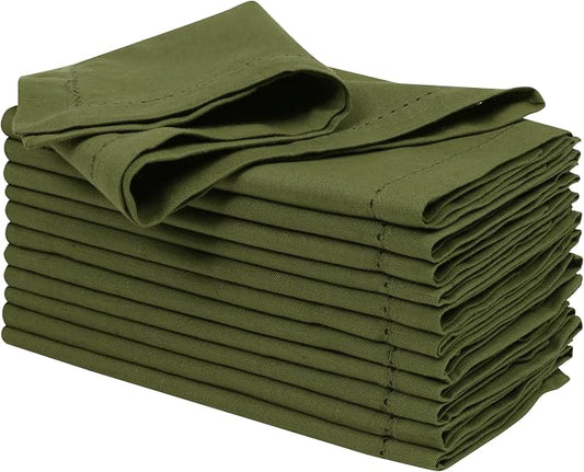 Ramanta Home Olive Green Cloth Dinner Napkin Set of 12-18x18 Inches | Cotton Linen Flax Hemstitched Napkins Washable for Everyday Use by RamantaHome
