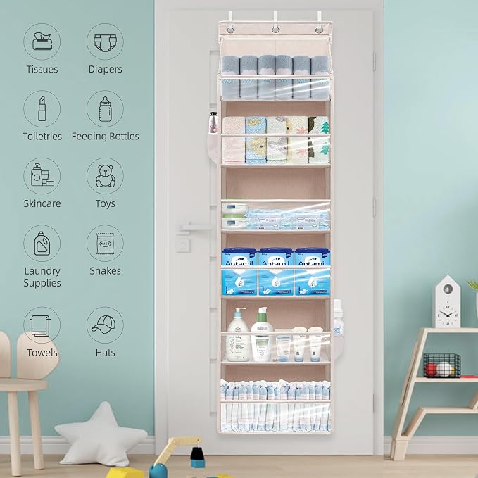 Over Door Organizer with 6 Extra Large Pockets 12 Side Pockets, Sturdy Closet Storage Rack, Hanging Storage Organizer with Clear Window for Shoes, Diaper, Bedroom, Bathroom, Beige, 6-Pack - Image 7