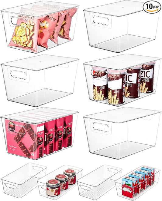 Vtopmart 10 Pack Clear Storage Bins with Lid Set for Pantry Organizer | 6 Large and 4 Small Plastic Pantry Storage Bins with Handle, Storage Containers for Pantry, Kitchen, Fridge, Cabinet by Vtopmart