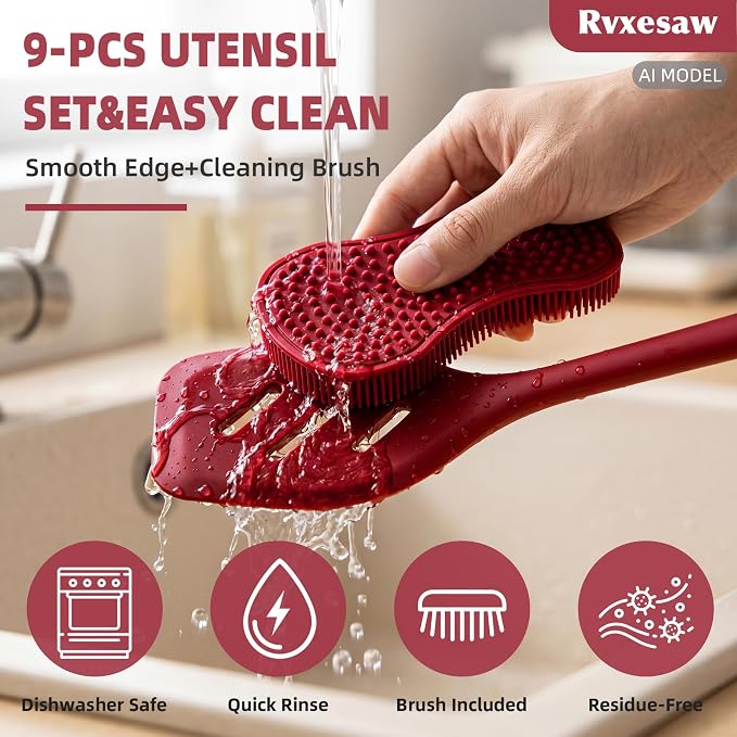 Kitchen Utensils Set,9 PCS Silicone Cooking Utensils Set Spatula Set,Cooking Utensils Tool,Tongs,Spoon,Whisk,Brush,Dishwasher Safe Kitchen Gadgets for Non-Stick Cookware,Home Essential(Red) - Image 7