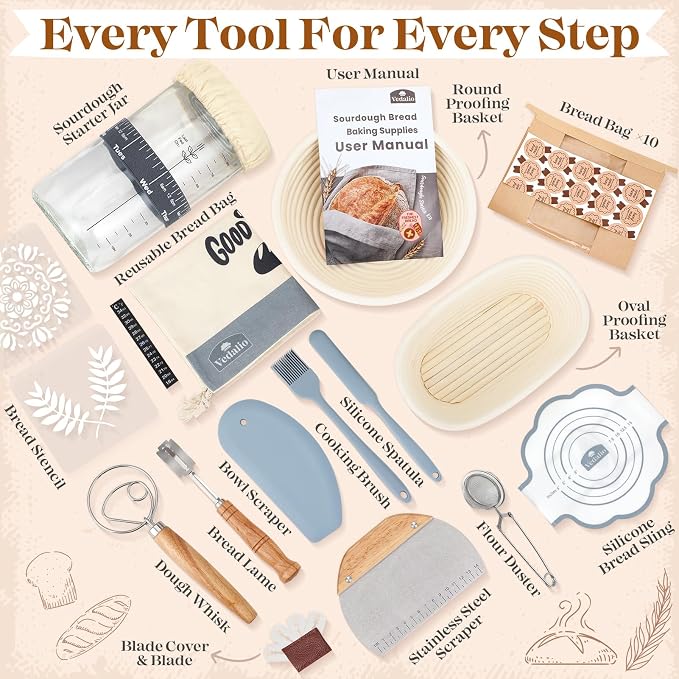 Sourdough Starter Kit, Sourdough Bread Baking Supplies, Bread Proofing Basket, Sourdough Kit for Modern Home and Kitchen, Sourdough Bread Basket, Sour Dough Kit Tools, Bread Making Tools Kit | Gray, 9" Round & 10" Oval Baskets, Sourdough Bread Baking S... - Image 7