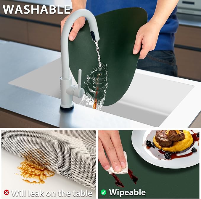 Faux Leather Placemats Set of 6, Wipeable & Washable Table Mats | Waterproof, Heat-Resistant & Easy to Clean Round Place Mats for Dining & Kitchen, 17''x13'', Green - Image 4
