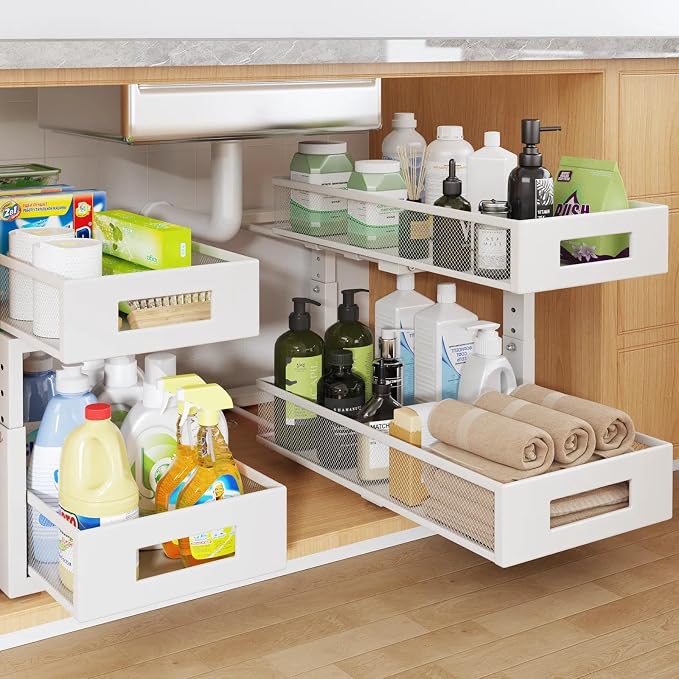 2 Packs 19IN Depth Under Sink Organizer, 2-Tier Pull Out Cabinet Organizer With Smooth Circular Rail, Large Capacity Metal Mesh Sliding Drawers For Bathroom& Kitchen Storage,Height Adjustable –White by UnderSinkOrganizer