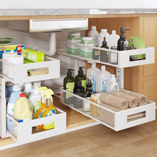 2 Packs 19IN Depth Under Sink Organizer, 2-Tier Pull Out Cabinet Organizer With Smooth Circular Rail, Large Capacity Metal Mesh Sliding Drawers For Bathroom& Kitchen Storage,Height Adjustable –White by UnderSinkOrganizer