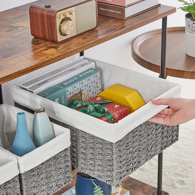 Wicker Basket, Set of 3 Hand-woven Storage Baskets for Organizing, Decorative Rectangle Wicker Storage Basket Bins with Handles, Small Toilet Paper Storage Baskets for Shelves & Decor, Grey - Image 2