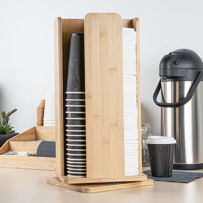 Restaurantware Restpresso 9 x 18 Inch Coffee Cup and Lid Organizer 1 Revolving Cup and Lid Holder - 4 Section Countertop Natural Bamboo Cup and Lid Dispenser For Restaurants Homes or Offices - Image 9