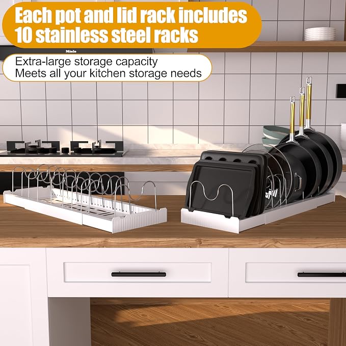 Pot and Pan Organizer 2 Pack,Expandable Lid Organizer Inside Cabinet | Easy to Install, Each Rack Contains 10 Frames, Easy to Clean, 304 Stainless Steel, High-Strength PP Plastic, White - Image 4