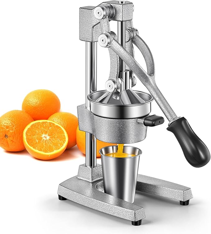 QCen Manual Citrus Juicer Cast Iron Heavy Duty Orange Press | Stainless Steel Strainer, Hand Squeezer, Easy To Clean, For Orange, Lemon, Lime And Grapefruit, Silver by QCen