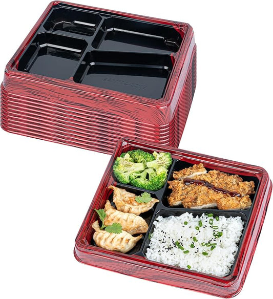 Restaurantware-Bento Tek 18.6 Ounce Meal Prep Containers, 100 Disposable To Go Food Boxes - Lids Sold Separately, 4 Compartments, Red And Black Plastic Bento Lunch Boxes, Freezable, For Take Out by Restaurantware