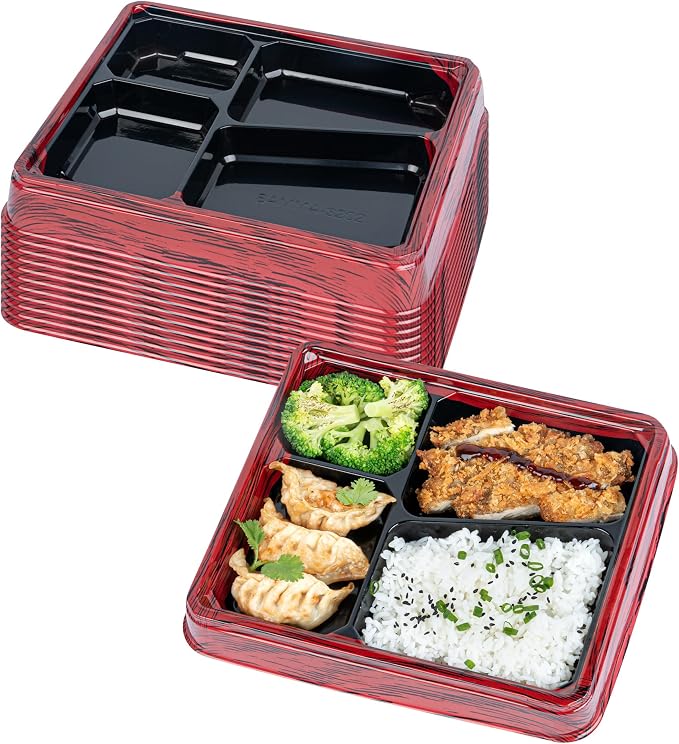 Restaurantware-Bento Tek 18.6 Ounce Meal Prep Containers, 50 Disposable To Go Food Boxes - Lids Sold Separately, 4 Compartments, Red And Black Plastic Bento Lunch Boxes, Freezable, For Take Out by Restaurantware
