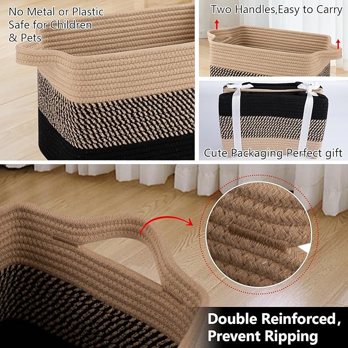 OIAHOMY Storage Basket, Woven Baskets for Storage, Cotton Rope Basket for toys,Towel Baskets for Bathroom - Pack of 3, Black & Brown - Image 6