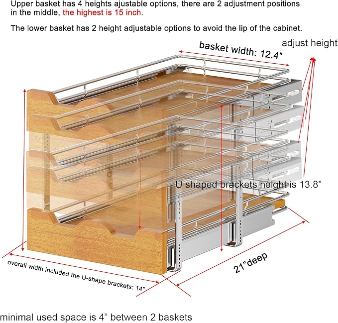 DINDON 2 Tier Pull Out Cabinet Organizer (14" W x 21" D) Slide Out Wood Shelf Double Tier Kitchen Wire Basket with Chrome Finish… - Image 3