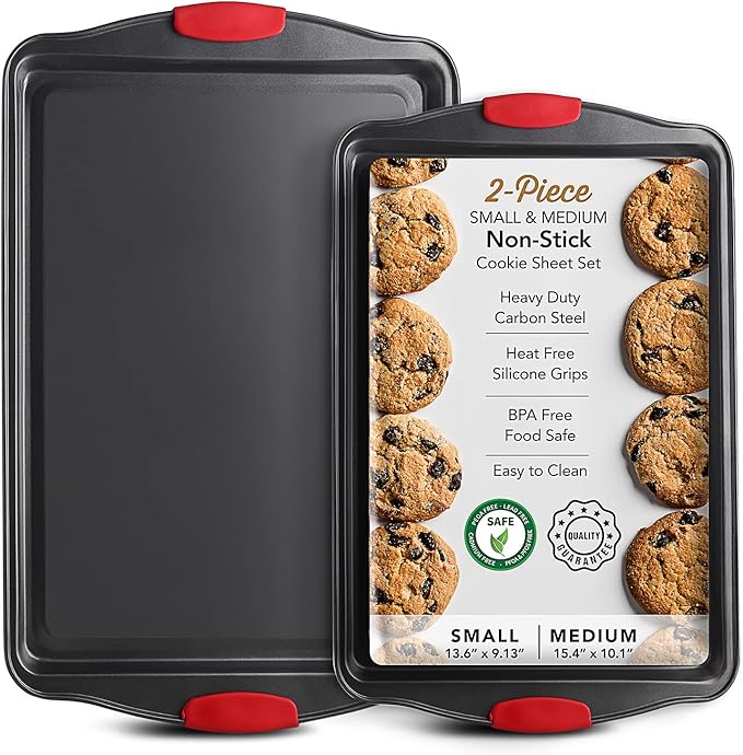 Eatex Nonstick Baking Sheet Set, 2-Piece Baking Pans Set with Silicone Handles, Carbon Steel Cookie Sheets for Baking Commercial Grade Quality Oven Tray, Jelly Roll/Quarter Sheet Pans for Baking by Eatex