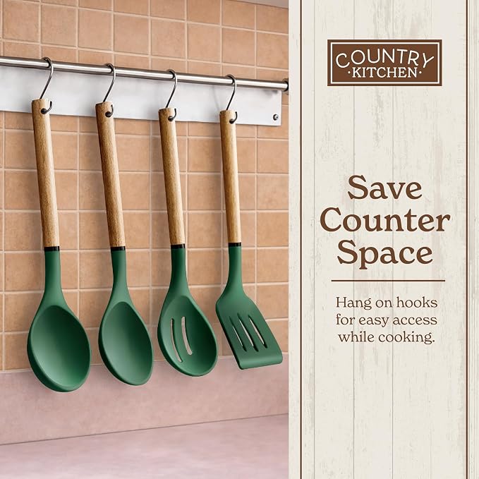 Country Kitchen Non Stick Silicone Utensil Set with Rounded Wood Handles for Cooking and Baking, 8 Piece Set, Green - Image 8