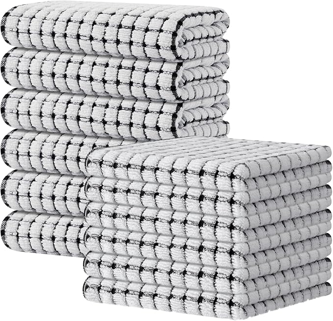 Kitinjoy Cotton 12 Pack Kitchen Towels and Dishcloths Sets, Black | 16 x 25 Inch & 12 X 12 Inch Dish Towels Bulk, Super Soft and Absorbent hand towels for kitchen Drying by Kitinjoy