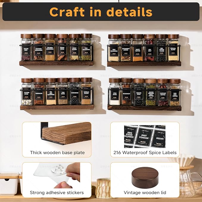 4-Tier Wall Mount Spice Rack Organizer with 24 Glass Jars, 216 Labels & Funnel - Screw/Adhesive Mount, Black Metal & Wood Spice Storage for Kitchen Pantry Cabinet, 11.6”L x 2.4”W x 3.2”H - Image 4