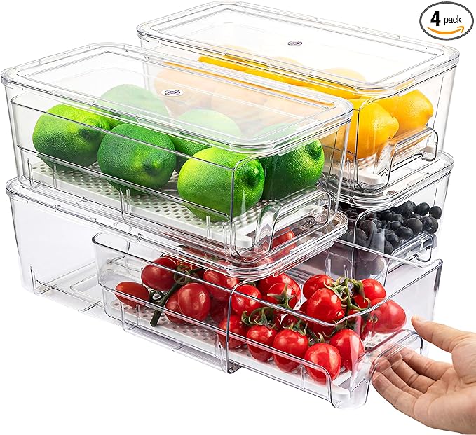 Imncya 4 Pack Fridge Organizer Drawers Bins, Clear Stackable Pull Out Refrigerator Drawer Organizer, Fridge Storage Container with Lids for Fruits, Vegetables, Drinks and Food by Imncya