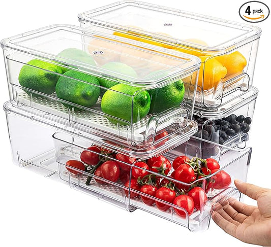 Imncya 4 Pack Fridge Organizer Drawers Bins, Clear Stackable Pull Out Refrigerator Drawer Organizer, Fridge Storage Container with Lids for Fruits, Vegetables, Drinks and Food by Imncya