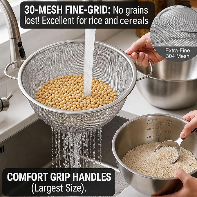 18/8 Stainless Steel Bowl and Colander Set, 6-Piece, Nesting | 3 nesting mixing bowls with measurement marks and 3 fine 30-mesh strainers for rice,vegetables, pasta, baking, and food prep - Image 4
