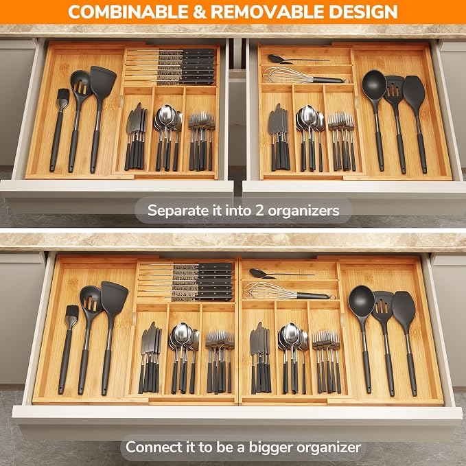 BAMEOS Expandable Silverware Drawer Organizer with Removable Knife Blocks, Bamboo Kitchen Utensil Holder from 21" to 36", Large Cutlery Tray with Divider for Forks, Spoons, Knives - Image 5
