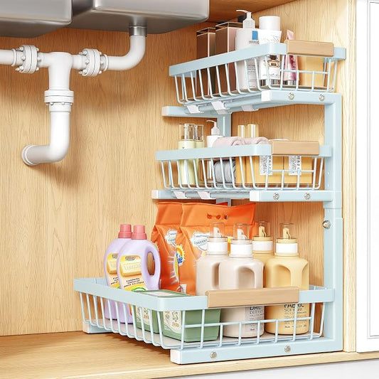 PXRACK Under Sink Organizer, 1-Pack 3-Tier Height Adjustable Thickened Metal Pull out Cabinet Organizer Shelf, Slide out Storage Drawer Rack for Bathroom Kitchen Pantry Home Organization, LightBlue by PXRACK
