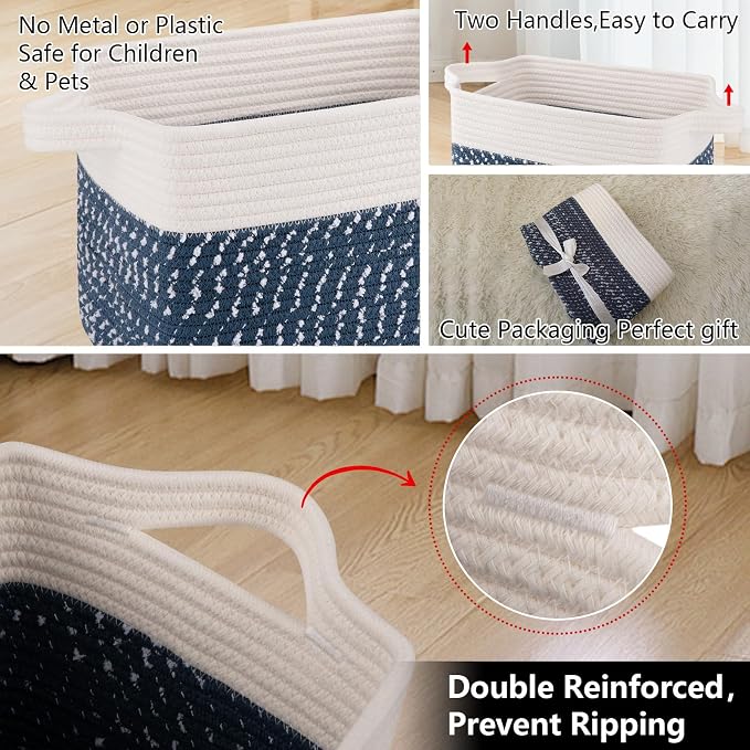 OIAHOMY Storage Basket, Woven Baskets for Storage, Cotton Rope Basket for toys,Towel Baskets for Bathroom - Pack of 3,White Blue - Image 4