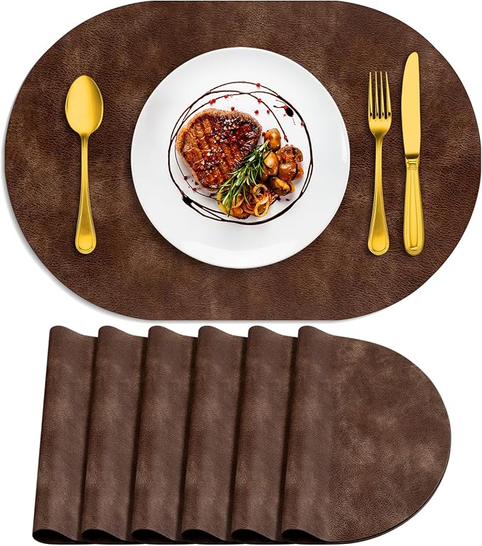 ADRIMER Placemats, Heat Resistant Oval Placemats Set of 6 Washable 12 x 17 Inch, Waterproof Table Mats, Wipeable Pu Place Mats for Kitchen, Dining Room, Brown by Adrimersdreamistobeanindispensablecompanioninyourlife