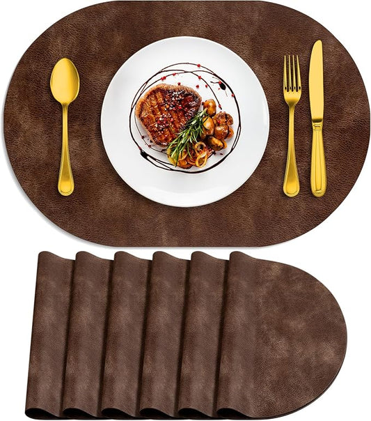 ADRIMER Placemats, Heat Resistant Oval Placemats Set of 6 Washable 12 x 17 Inch, Waterproof Table Mats, Wipeable Pu Place Mats for Kitchen, Dining Room, Brown by Adrimersdreamistobeanindispensablecompanioninyourlife