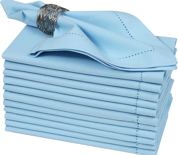 Bedding Craft Cloth Dinner Napkins Set of 12 – 18x18 Airy Blue Linen-Look Hemstitched – Soft Machine Washable Reusable Napkins for Weddings, Parties & Elegant Table Settings - Image 2