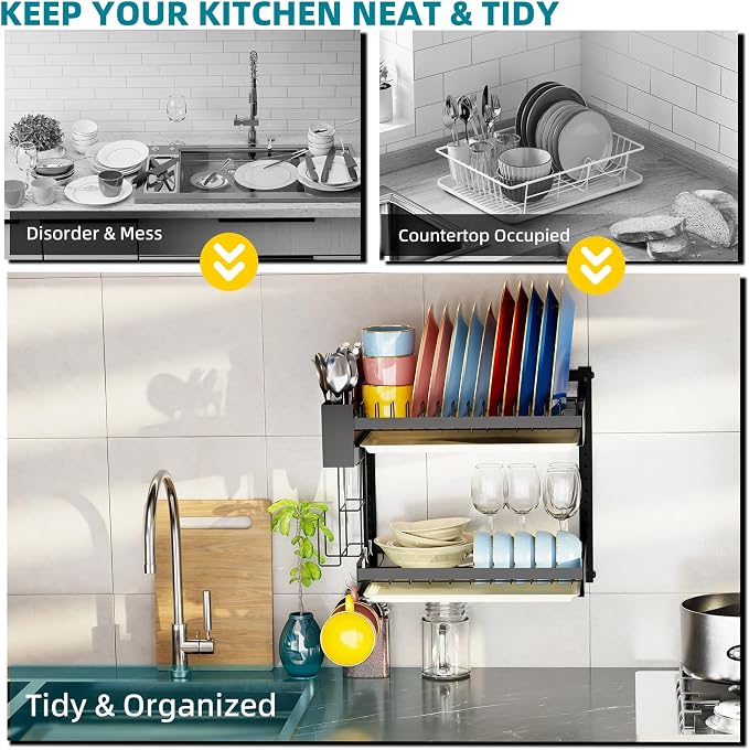 Hanging Wall Mounted Dish Drying Rack, Cutting Board Rack*1, Hook*4, Drain Tray*2, Apartment & RV Wall Mounted Dish Rack, Small Kitchen & Clean Countertop Solution, 2 Layers & 16“ long, Black - Image 4