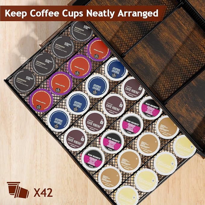 Coffee Bar Organizer - Coffee Station for Countertop, Metal and Wood K Cup holder Storage Basket with Drawer for Syrup, Cups, Stirrer, Condiment, Tea Organizer, Brown - Image 3