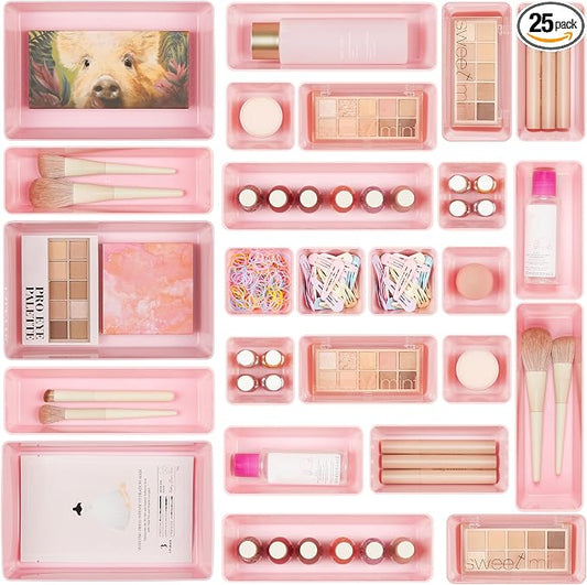 Vtopmart 25 Pack Plastic Drawer Organizers with Non-slip Rubber Pads | 4-Size Versatile Makeup Organizer, Storage Containers Small Bins for Makeup, Jewelries, Bedroom, Kitchen Utensils and Office by Vtopmart