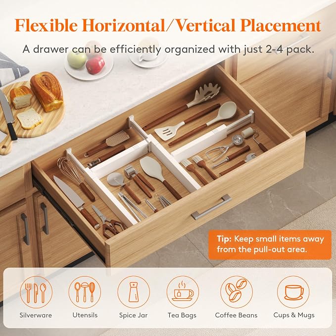 Lifewit 2.36" Upgrade Kitchen Drawer Dividers, Adjustable Drawer Organizer | 16"-22" Expandable White Drawer Separator for Clothes/Utensils, Dresser/Cabinet/Closet/Nursery Organization & Storage, 8 Pack - Image 6