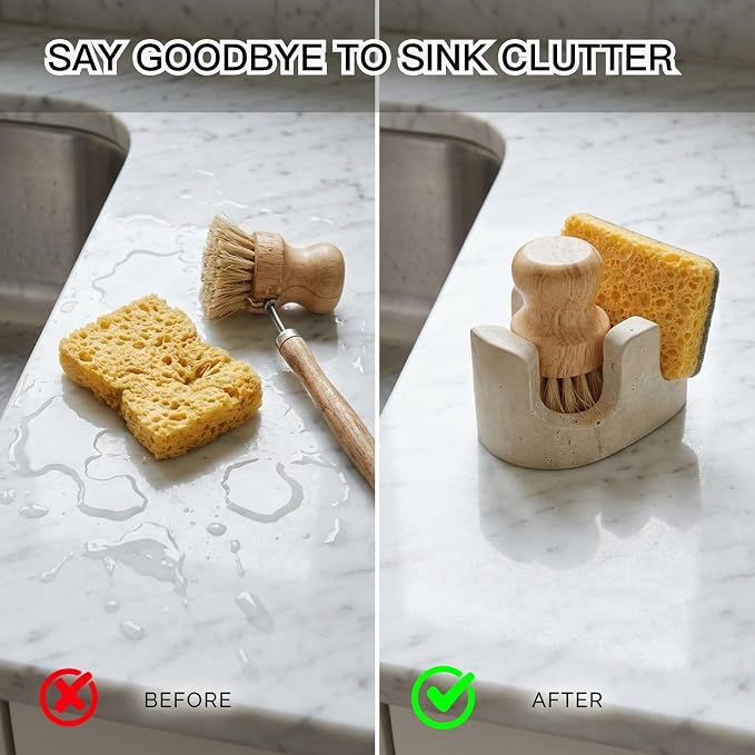 Travertine Sponge Holder for Kitchen Sink, 2-in-1 Sponge & Brush Holder, 2 Slot Natural Stone Sink Caddy for Countertop, Keeps Countertops Dry, Non-Slip Base, Elegant Kitchen Decor, Beige - Image 5