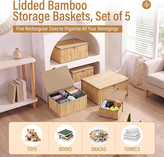 Set of 5 Bamboo Decorative Storage Boxes with Lids, Woven Stackable Storage Bins with Washable Liners, Wicker Nesting Basket Organizers for School, Dorm Room, Classroom, Home, Office - Image 4