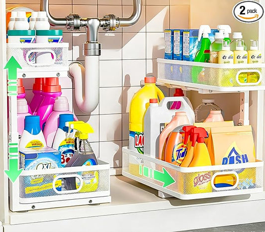 Under Sink Organizer 2 Pack, High Adjustable 2 Tier Under Sink Organizers and Storage, Slide out Metal Cabinet Organizers, Pull out Storage Drawer Shelf for Kitchen Bathroom Cabinet (White) by Dolesman