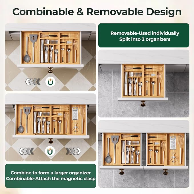 Large Silverware Organizer, 13 Slots Magnetic Connected Expandable Bamboo Utensil Drawer Organizer From 21 to 37.4 Inches, Adjustable Flatware and Cutlery Holder, Utensil Tray for Kitchen Natural - Image 5