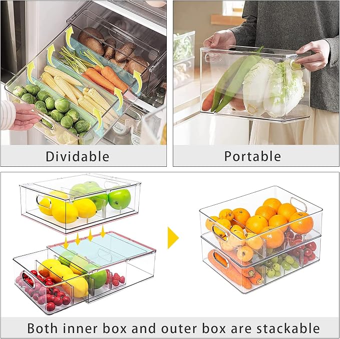 4Pack Stackable Fridge Drawers Pull-out Storage Bins with Handle Clear Food Container for Refrigerator Plastic Dresser Organizer Fruit&Veggie Keeper for Freezer Cabinet Kitchen Organization - Image 5