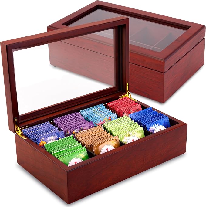 Tea Box - Luxury Wooden Tea Bag Organizer from The Apace Premier Collection - 8 Compartment Tea Storage Chest Container - Elegantly Handmade w/Scratch Resistant Window by ApaceLiving