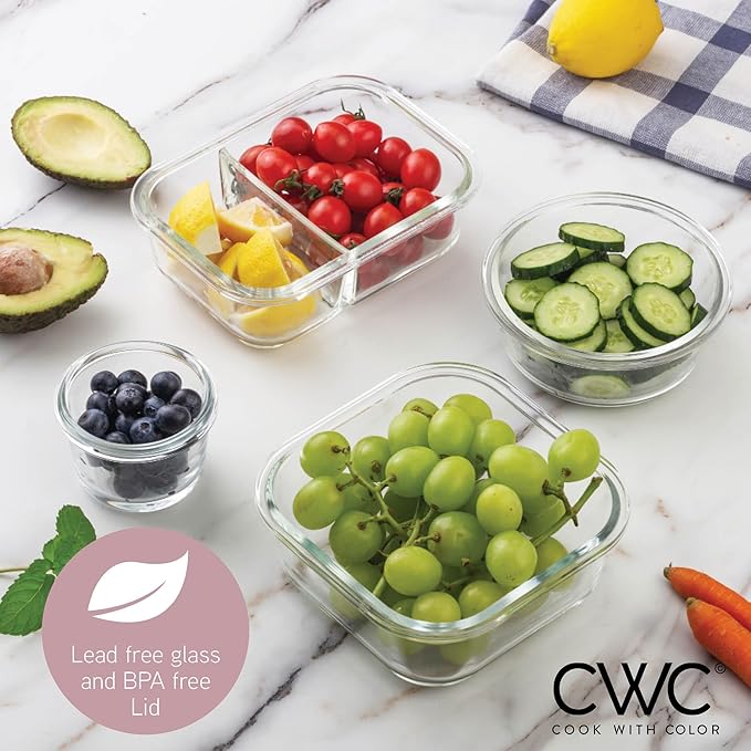 COOK WITH COLOR Premium 32-Pc. Borosilicate Glass Food Container Set with Dividers - 4 Rectangles, 8 Rounds, 4 Squares - Leakproof Lids - Meal Prep, Storage, Pink - Image 6