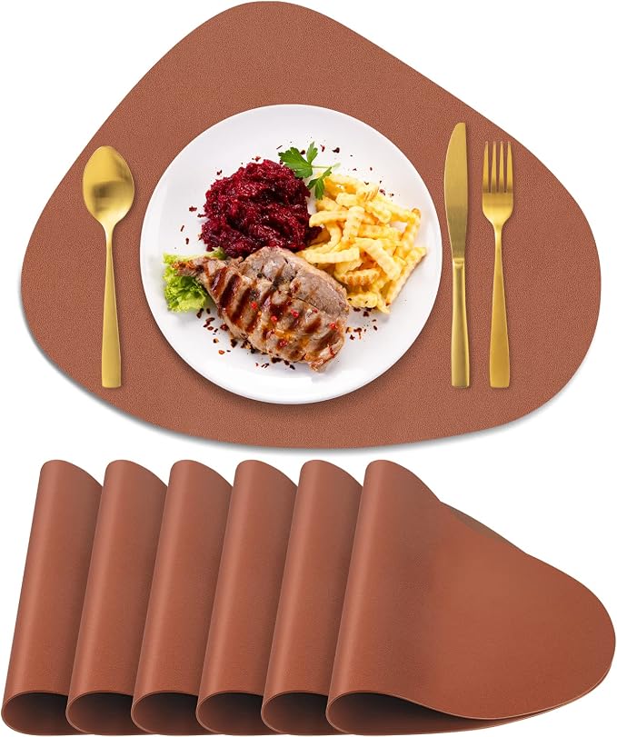 Faux Leather Placemats Set of 6, Wipeable & Washable Table Mats | Waterproof, Heat-Resistant & Easy to Clean Round Place Mats for Dining & Kitchen, 17''x13'', Brown by Delicateandelegantplacemats
