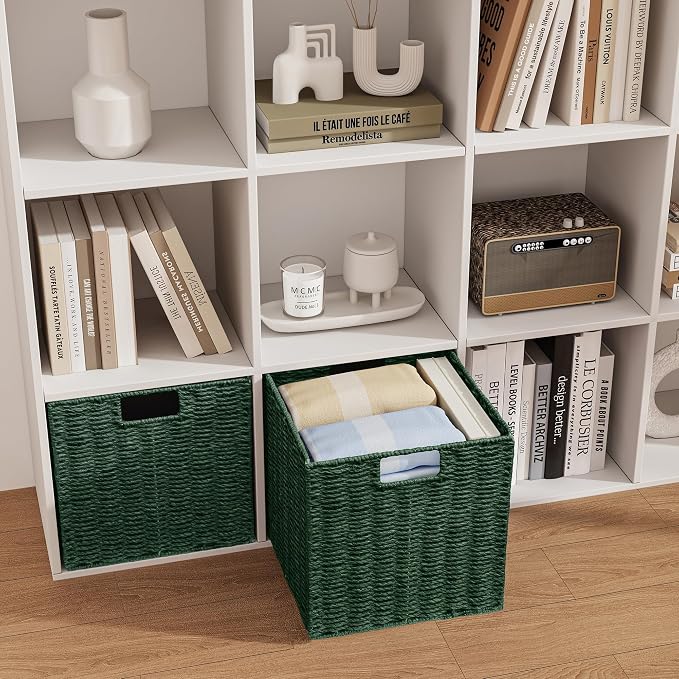 Wicker Storage Basket, Set of 2 Hand-Woven Paper Rope Wicker Basket, Foldable Cube Storage Bins, Square Large Storage Baskets for Organizing Shelves & Decor, Orange (13″×13″×13″) - Image 8