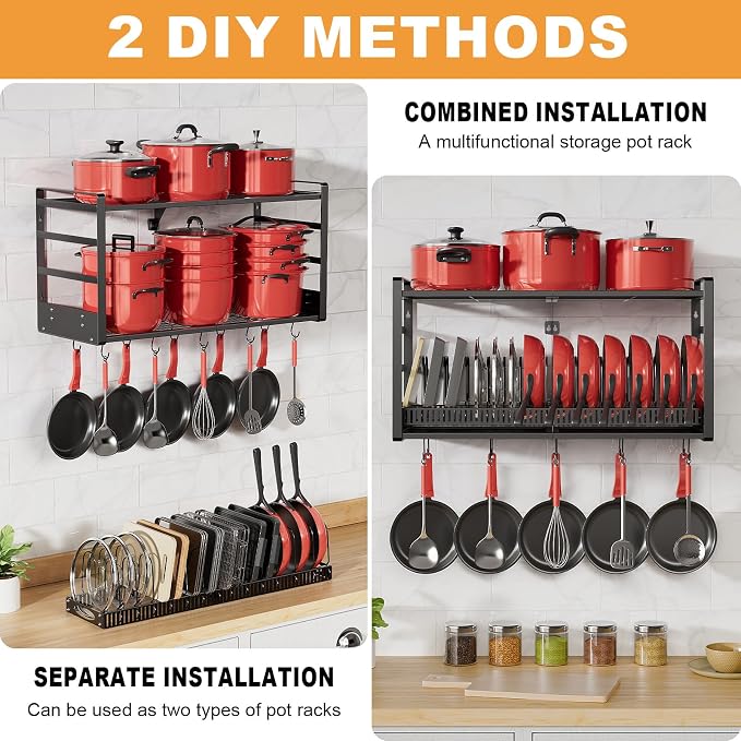 Pot Rack, 31 Inch Wall Mounted 2-Tier Pots & Pans Organizer with 20 Hooks | 14 Removable Slots & Pot Lid Holder, Heavy Duty Steel Pot and Pan Hanger for Kitchen Cookware & Utensil Storage - Image 4