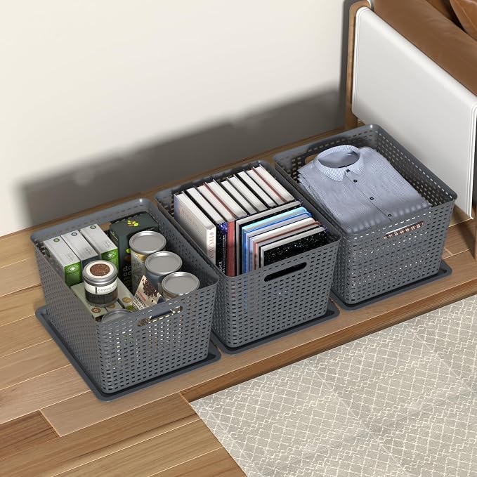 6-Pack Large Plastic Storage Baskets with Lid, Stackable Bins | 13.98" x 11.57" x 8.66", Organizer Bins for Office, Bathroom, Kitchen, Pantry, Gray - Image 5