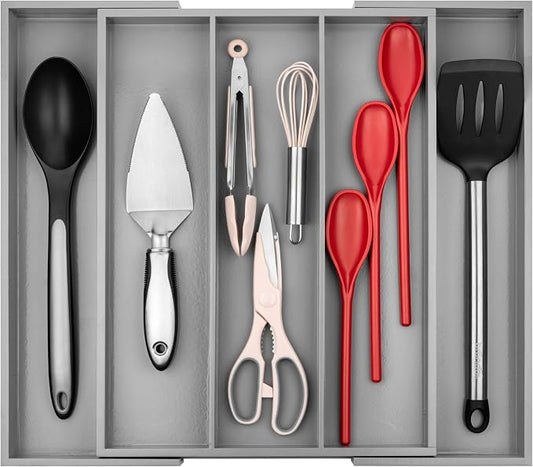 Purawood Kitchen Drawer Organizer - Expandable Utensil Drawer Organizer for Kitchen, Cutlery Tray & Silverware Organizer, 3-5 Slots - Bamboo Organizer for Utensils & Flatware (Grey) by PURAWOOD