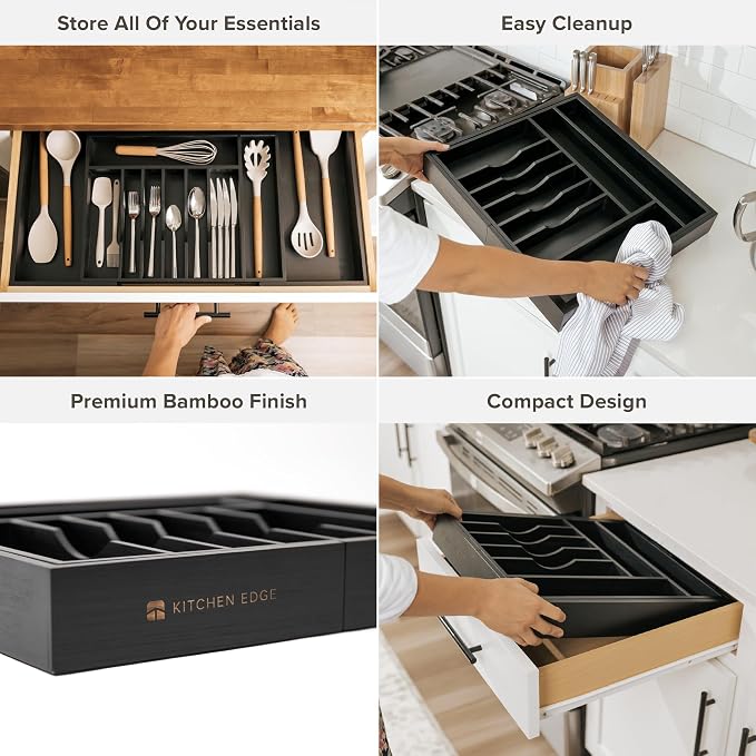 Silverware & Utensil Drawer Organizer, 18-33 in, Black Bamboo | Cutlery, flatware, food-safe contract grade, kitchen drawer fit - Image 3
