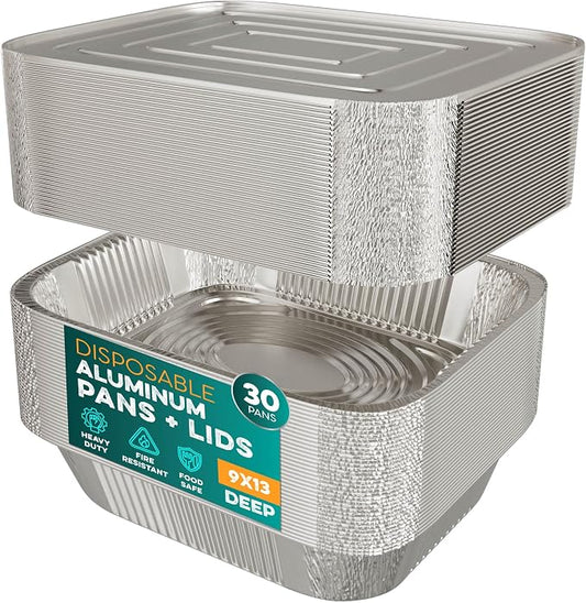 Aluminum Pans With Lids 9x13 [30 Sets] Aluminum Foil Pans Trays With Lids - Half Size Tin Foil Disposable Pans For Baking, Roasting, Cake Serving Dishes, Catering Supplies, Steam Table Chafing by Houzzkingzusa
