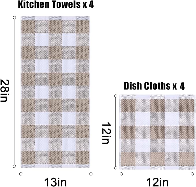 Homaxy Kitchen Towels and Dishcloths Set, Set of 8, White & Khaki | Bulk Cotton Waffle Weave Check Plaid Kitchen Towels, Super Soft and Absorbent Dish Cloths, 12 x 12 and 13 x 28 Inches - Image 4