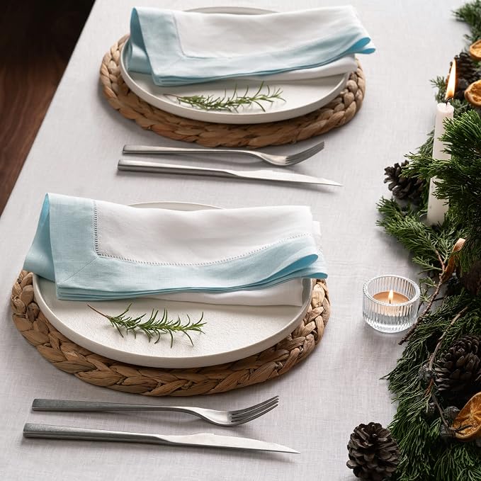 Linen Napkins 20 x 20 inch - 100% Flax Linen White and Light Blue Dinner Napkins Cloth Set of 4 - Classic Hemstitch Dinner Napkin for Spring and Easter Decor - Image 4